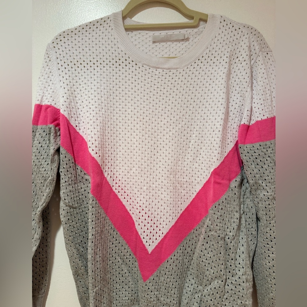 One Grey Day Pink and Gray Crochet Chevron Sweater